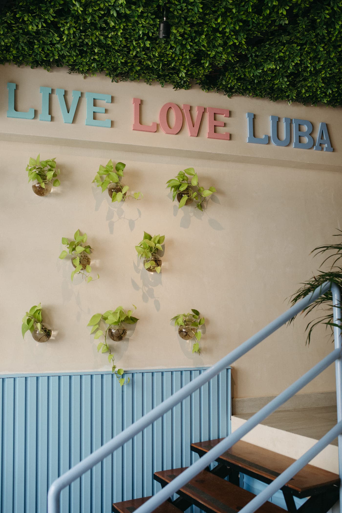 Muro del taller decorado con plantas colgantes y letras de colores
