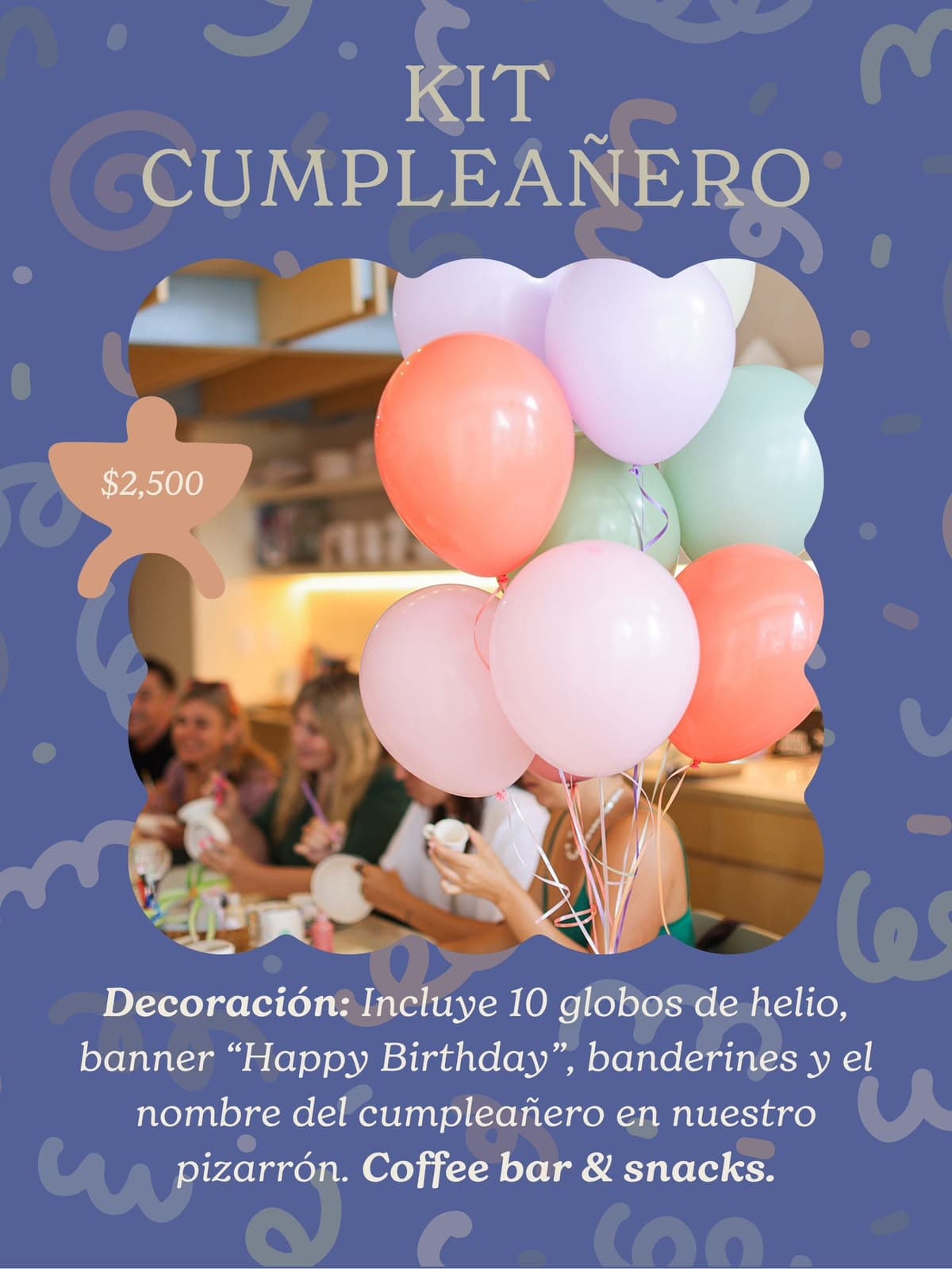 Kit cumpleañero de La Ceramikería: globos de helio en tonos pastel sobre la mesa del taller